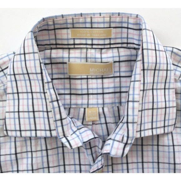 MICHAEL KORS Mens White Blue Pink Black Striped Button Dress Shirt Sz 16.5 32/33 - Picture 2 of 4